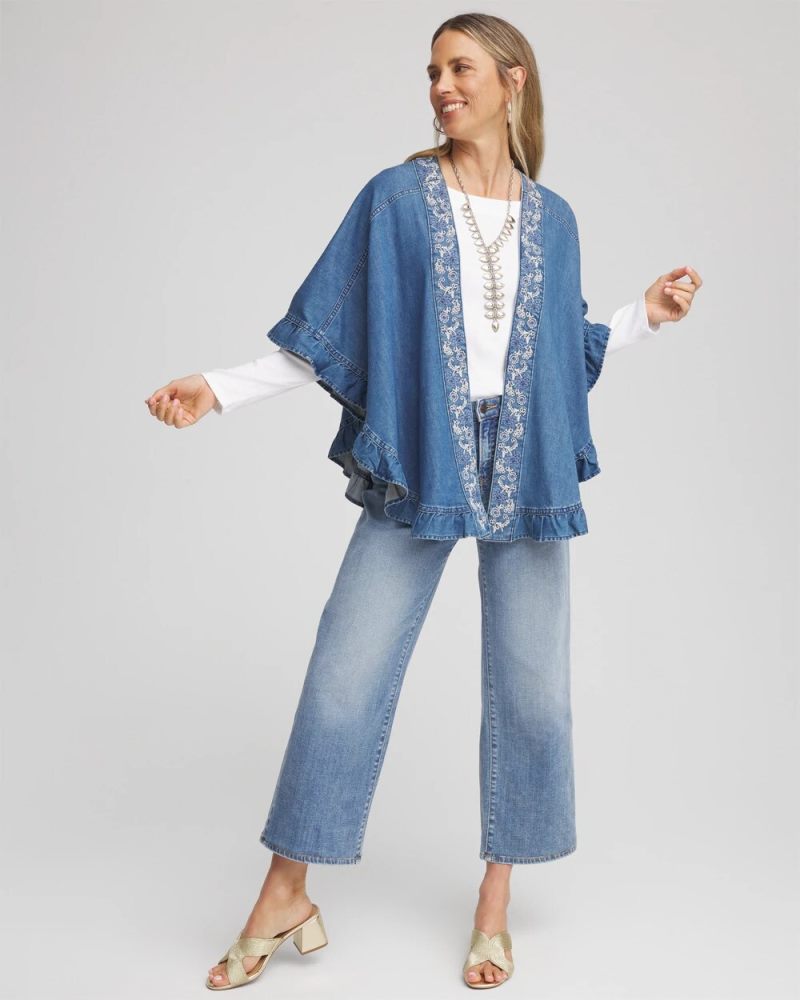 Chicos Embroidered Denim Ruffled Ruana - FREYA INDIGO