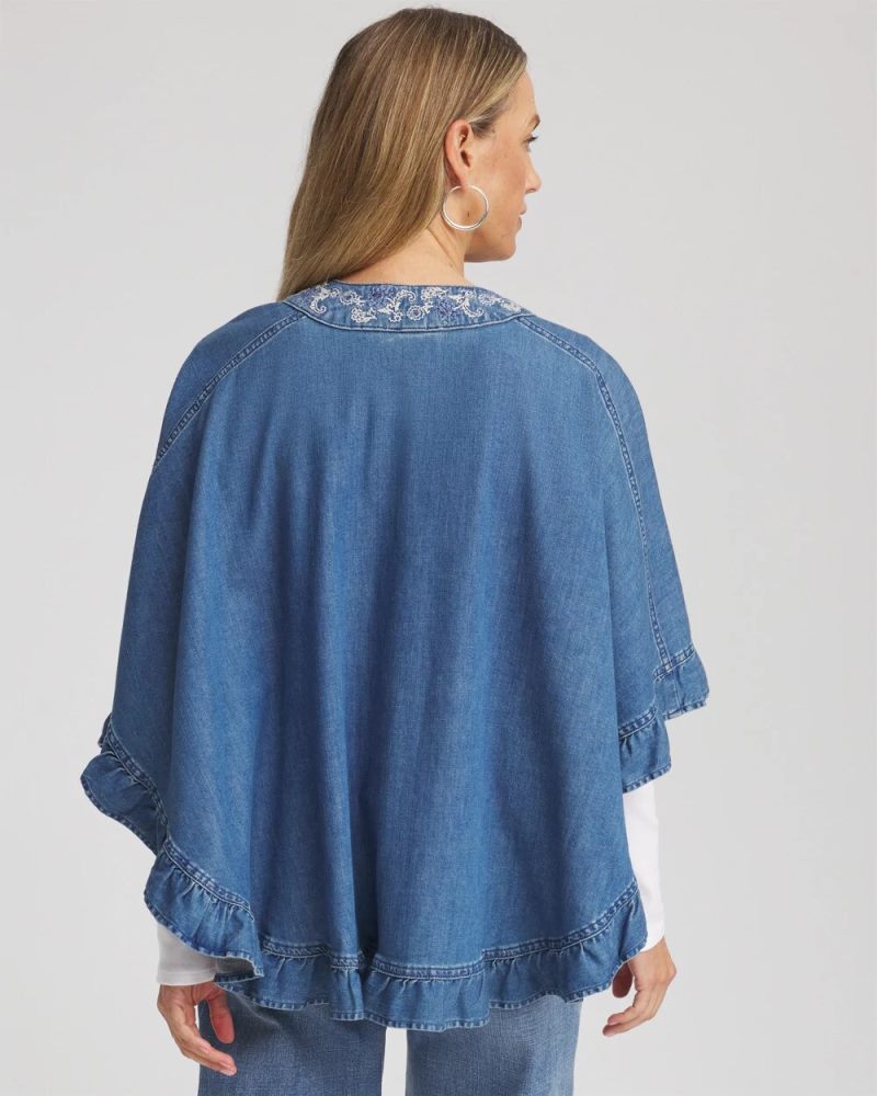 Chicos Embroidered Denim Ruffled Ruana - FREYA INDIGO