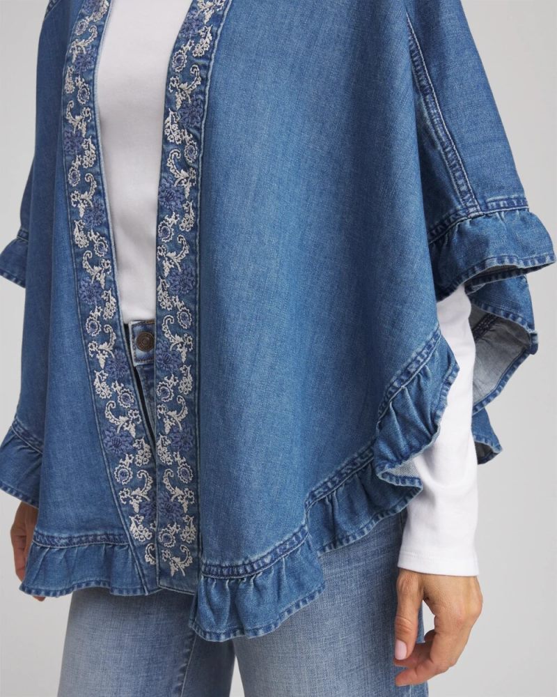 Chicos Embroidered Denim Ruffled Ruana - FREYA INDIGO