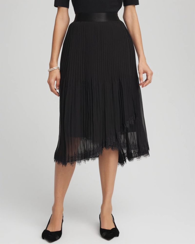 Chicos Pleated Lace Hem Midi Skirt - BLACK