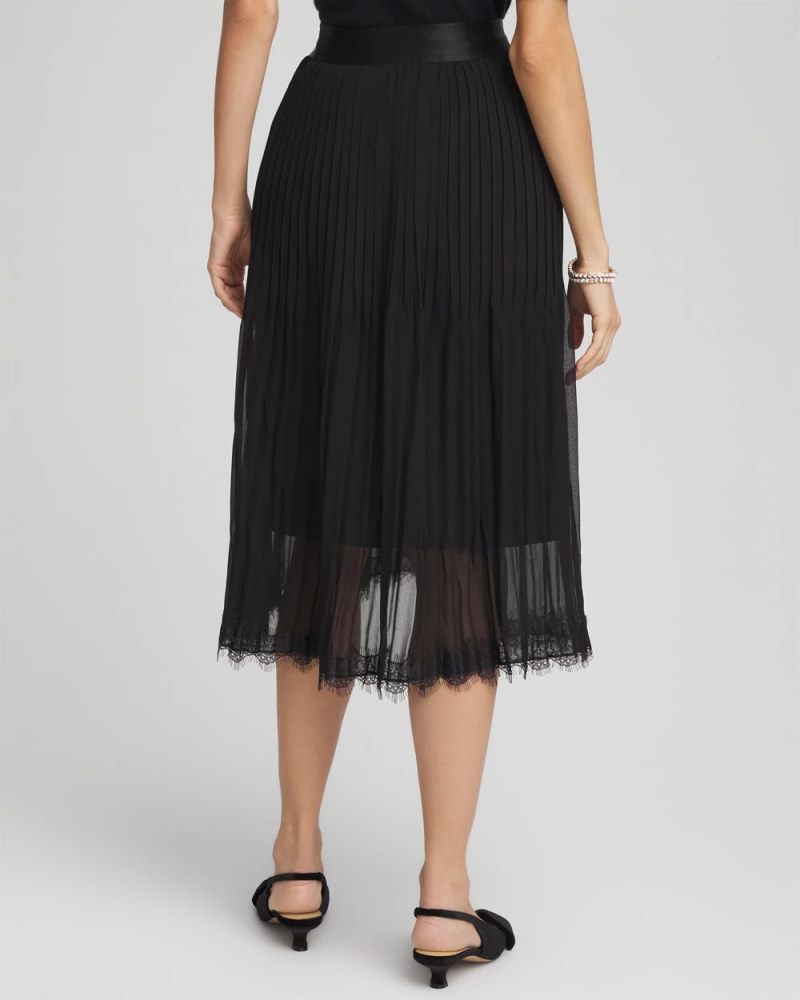 Chicos Pleated Lace Hem Midi Skirt - BLACK