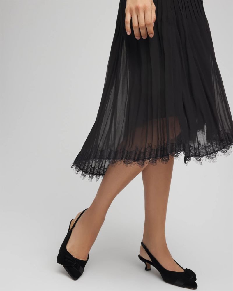 Chicos Pleated Lace Hem Midi Skirt - BLACK