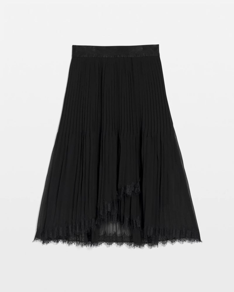 Chicos Pleated Lace Hem Midi Skirt - BLACK