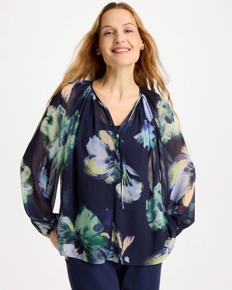 Chicos Crinkle Chiffon Tie-Front Blouse - PASSPORT BLUE