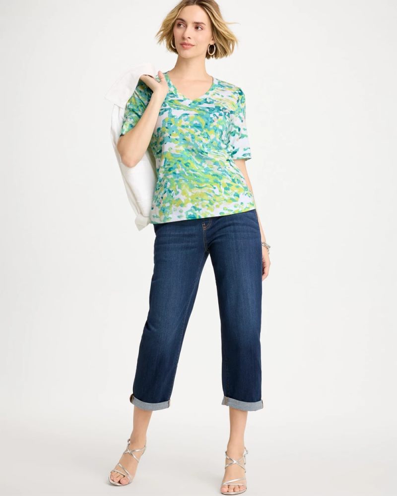 Chicos Pima Printed Elbow Sleeve Tee - BONDI BLUE