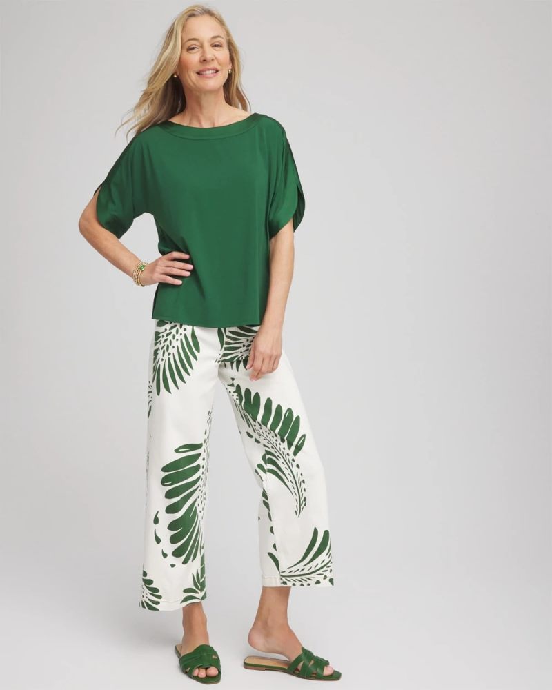 Chicos Palm-Frond-Motif Pull-On Wide-Leg Cropped Jeans - ECRU