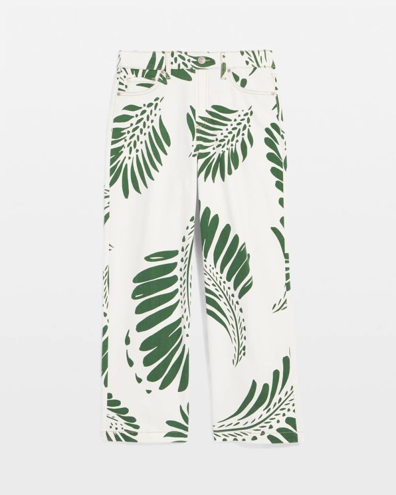 Chicos Palm-Frond-Motif Pull-On Wide-Leg Cropped Jeans - ECRU