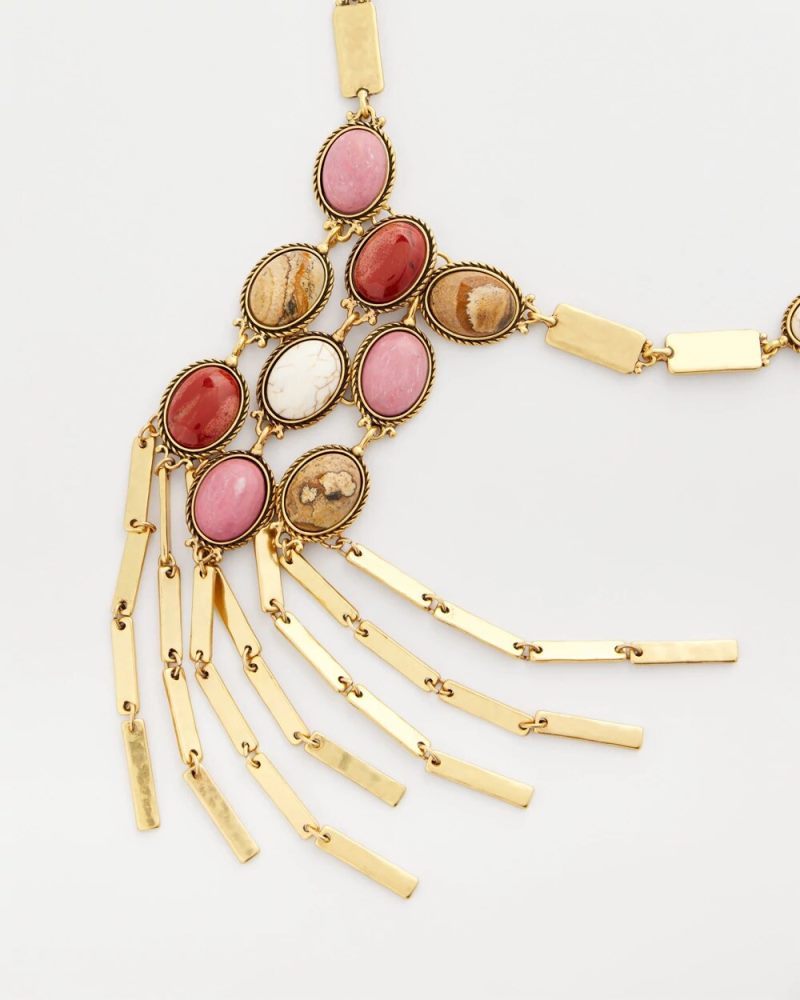 Chicos Rhodonite & Jasper Brass Statement Necklace - PINK