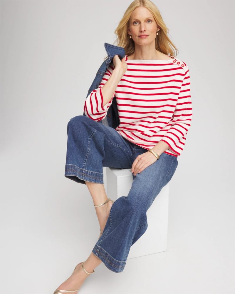 Chicos Bateau Neck Stripe Top - LOVE LETTER RED
