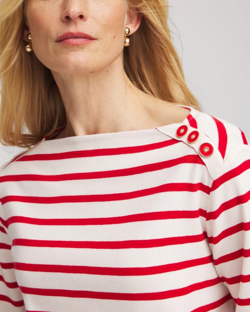 Chicos Bateau Neck Stripe Top - LOVE LETTER RED