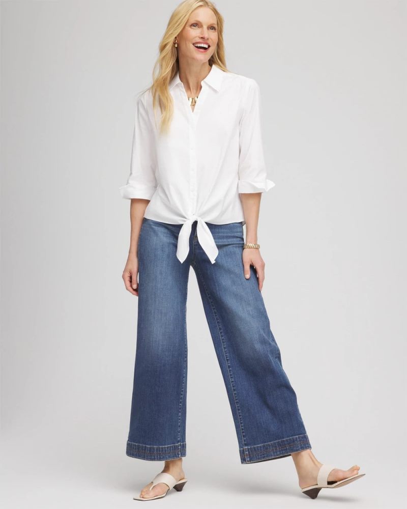 Chicos Poplin Cotton Tie-Front Top - ALABASTER