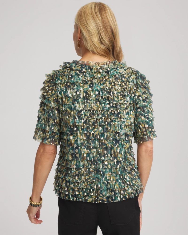Chicos Foiled Mesh Ruffle Crop Tee - DARKEST SPRUCE
