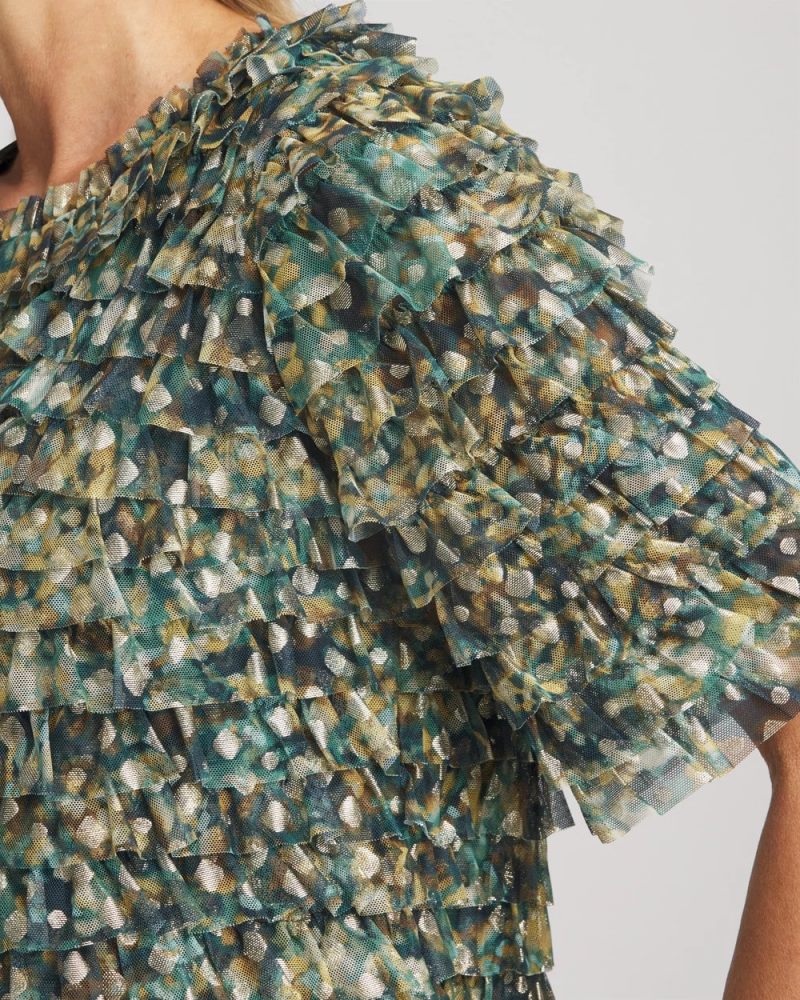 Chicos Foiled Mesh Ruffle Crop Tee - DARKEST SPRUCE
