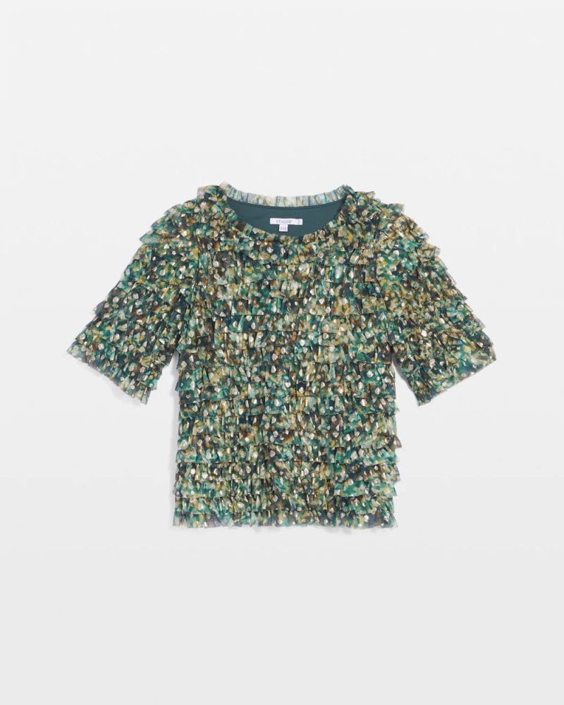 Chicos Foiled Mesh Ruffle Crop Tee - DARKEST SPRUCE