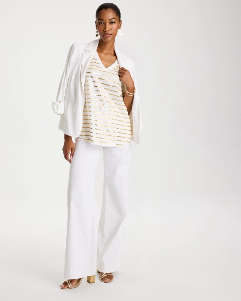 Chicos Striped Cotton Slub V-Neck Tee - ALABASTER
