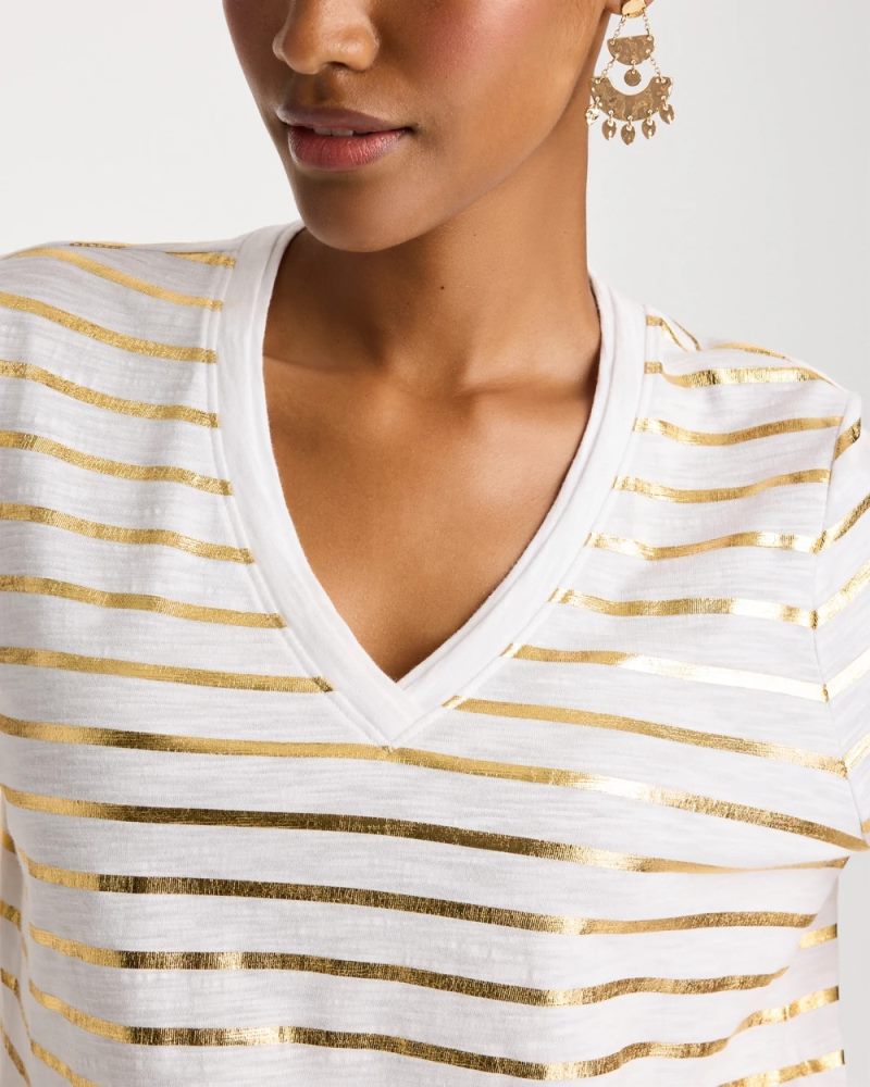 Chicos Striped Cotton Slub V-Neck Tee - ALABASTER
