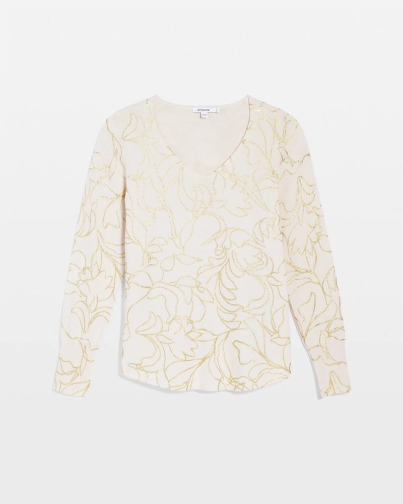 Chicos Ella Foiled V-Neck Sweater - ENGLISH CREAM