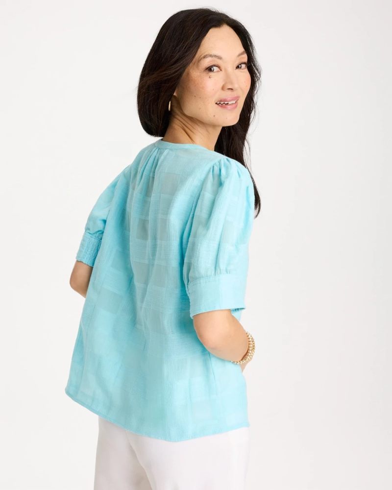 Chicos Cotton Plaid Elbow-Sleeve Shirt - BONDI BLUE