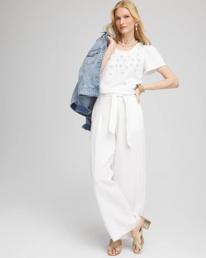Chicos Embellished Flutter Sleeve Tee - ALABASTER