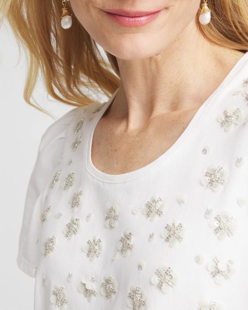 Chicos Embellished Flutter Sleeve Tee - ALABASTER