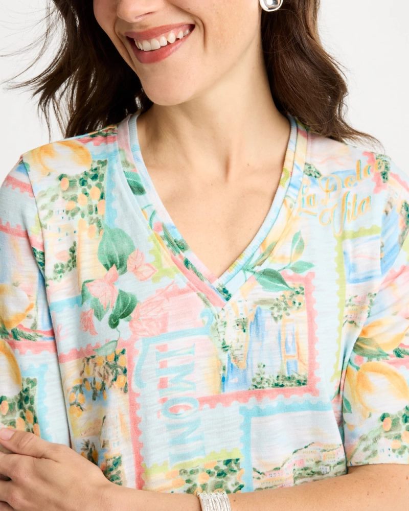 Chicos Limoni Dolci Cotton Slub V-Neck Tee - BONDI BLUE