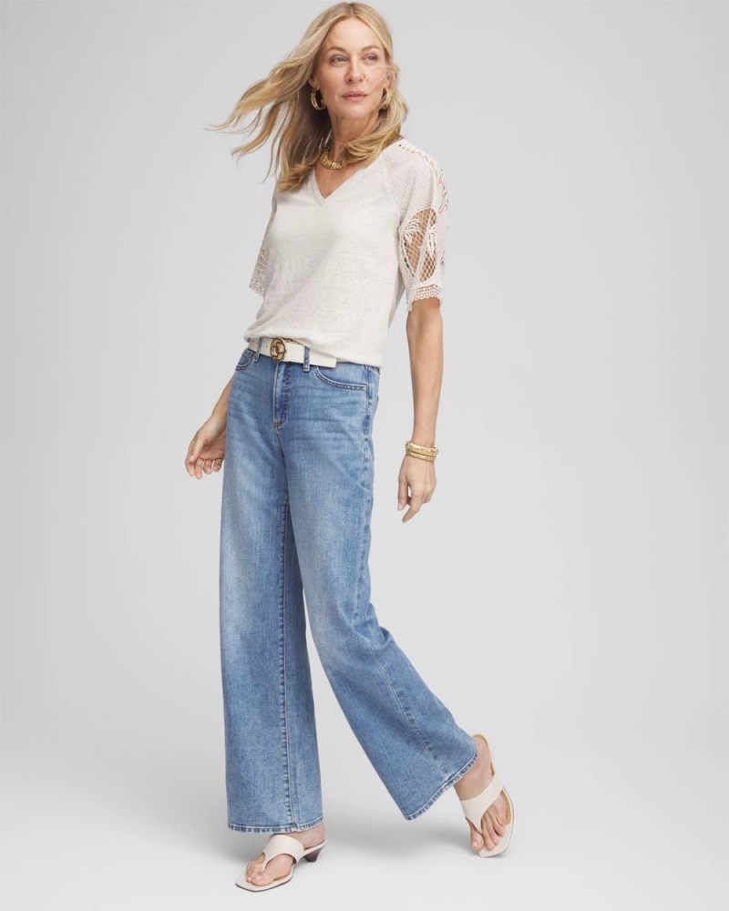 Chicos Linen Crochet Lace Short Sleeve Tee - RIVER ROCK