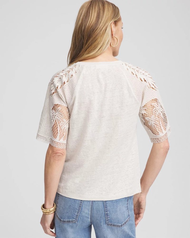 Chicos Linen Crochet Lace Short Sleeve Tee - RIVER ROCK