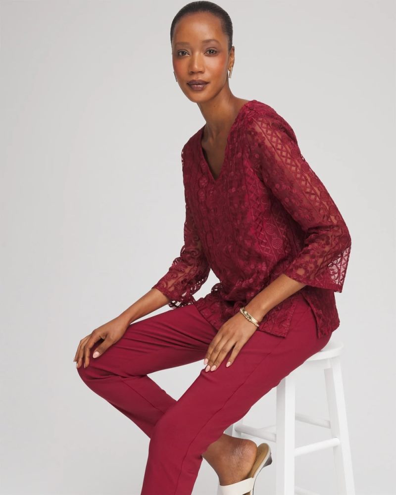 Chicos Embroidered Mesh Tunic Top - RUSSET RED