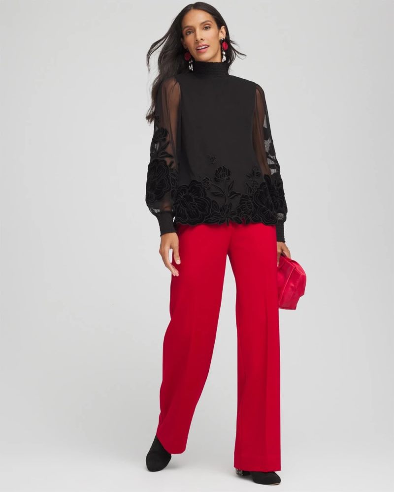 Chicos Sheer Mesh Velvet Appliqué Top - BLACK
