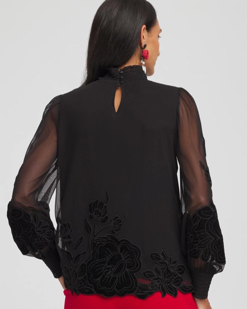 Chicos Sheer Mesh Velvet Appliqué Top - BLACK