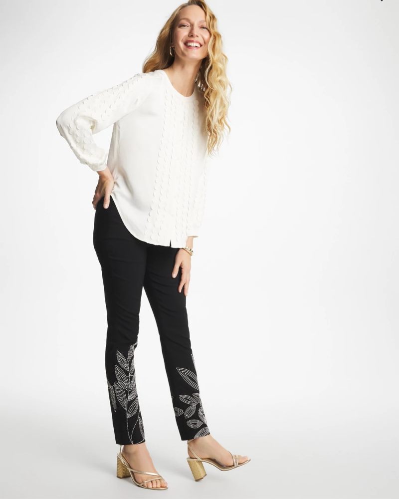 Chicos Floral Soutache Brigitte™ Slim Pull-On Ankle Pants - BLACK