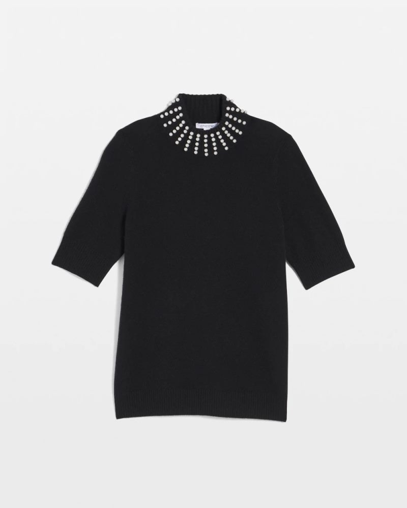 Chicos Cashmere Pearl Mockneck Sweater - BLACK
