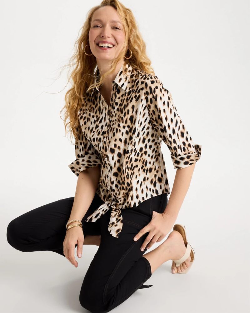 Chicos Poplin Cotton Animal Print Tie-Front Top - BLACK