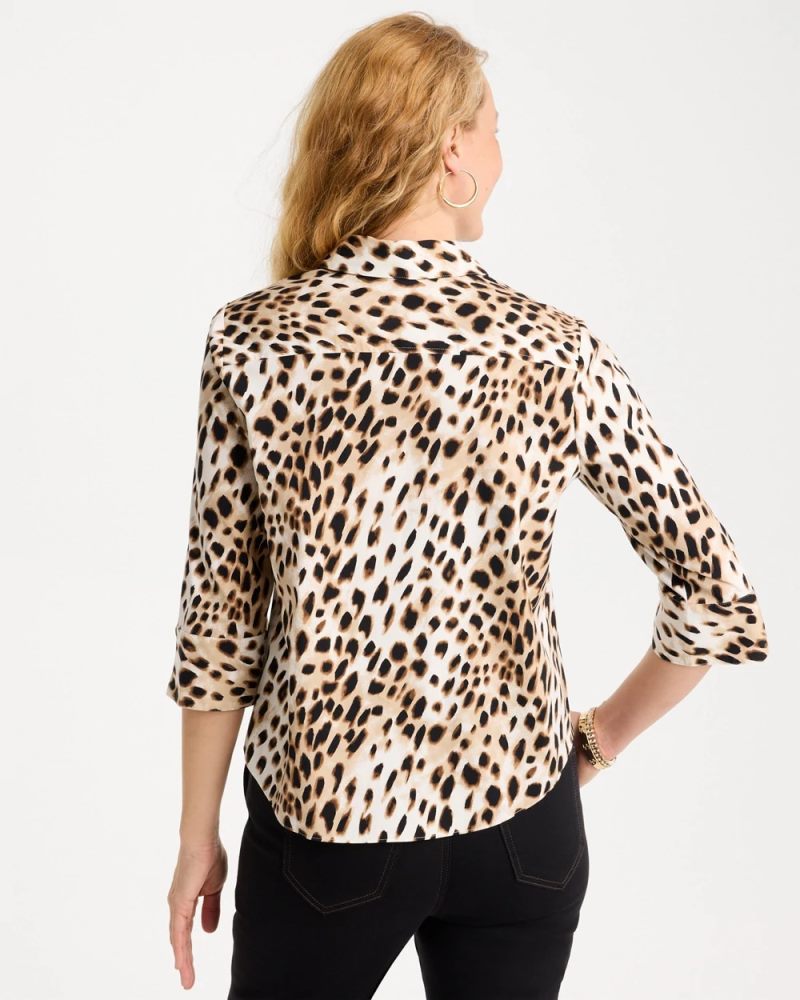 Chicos Poplin Cotton Animal Print Tie-Front Top - BLACK