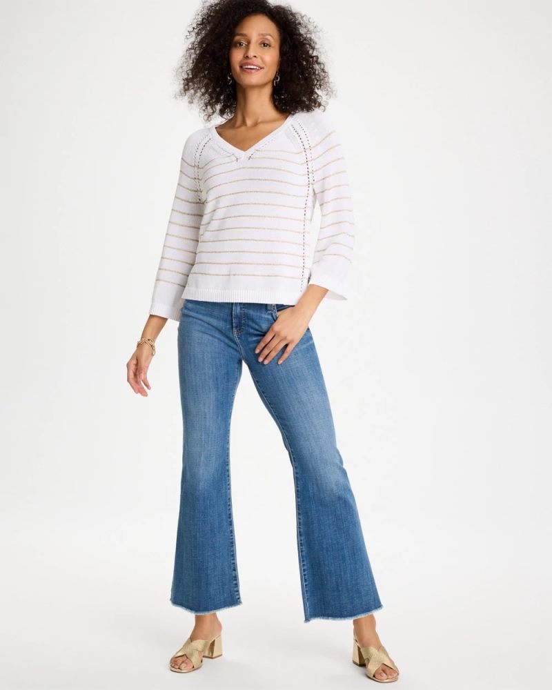 Chicos Metallic Striped Pullover Sweater - ALABASTER