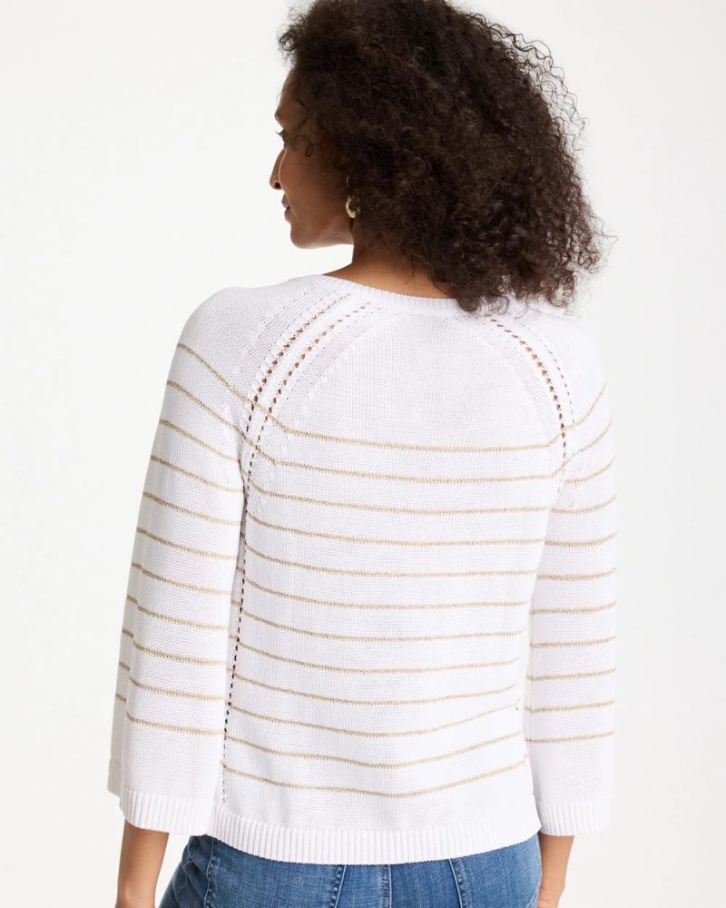 Chicos Metallic Striped Pullover Sweater - ALABASTER