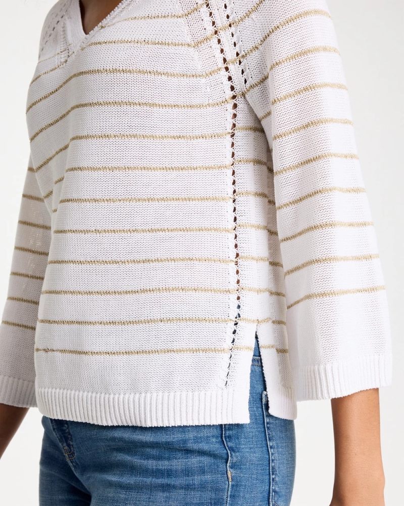 Chicos Metallic Striped Pullover Sweater - ALABASTER