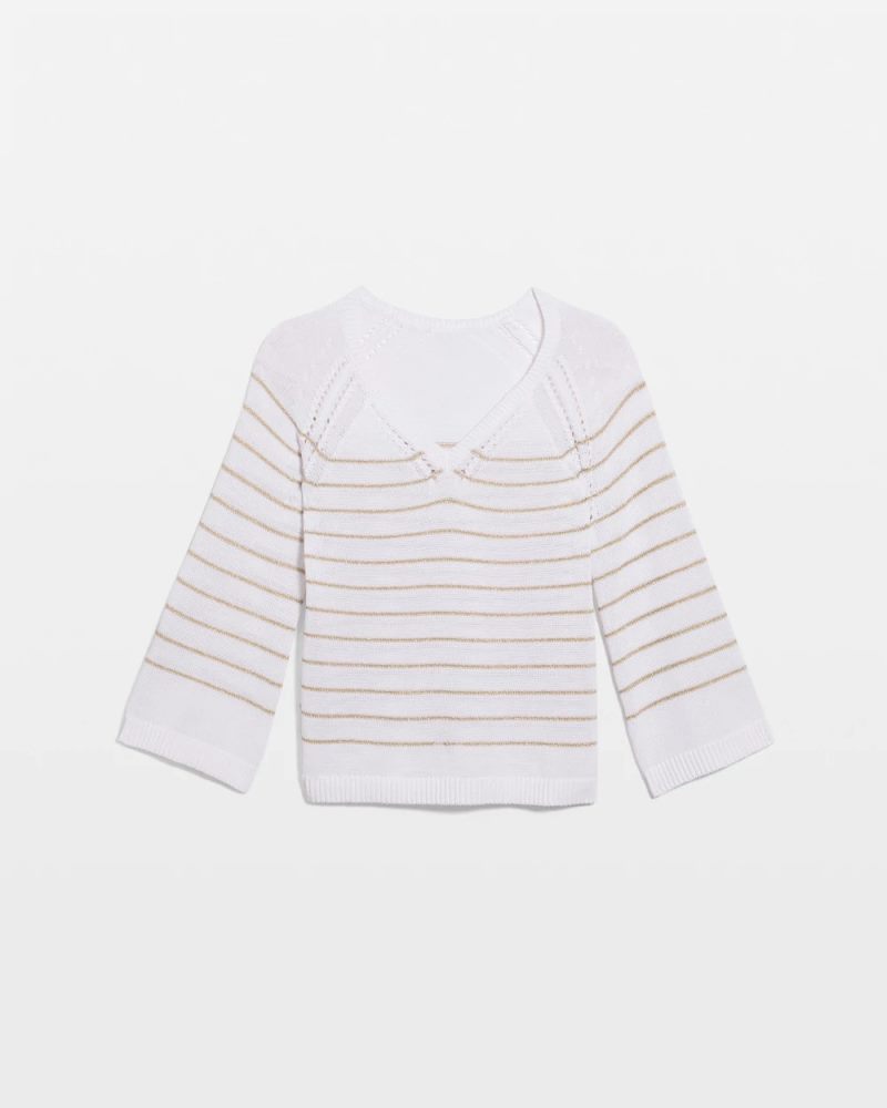 Chicos Metallic Striped Pullover Sweater - ALABASTER
