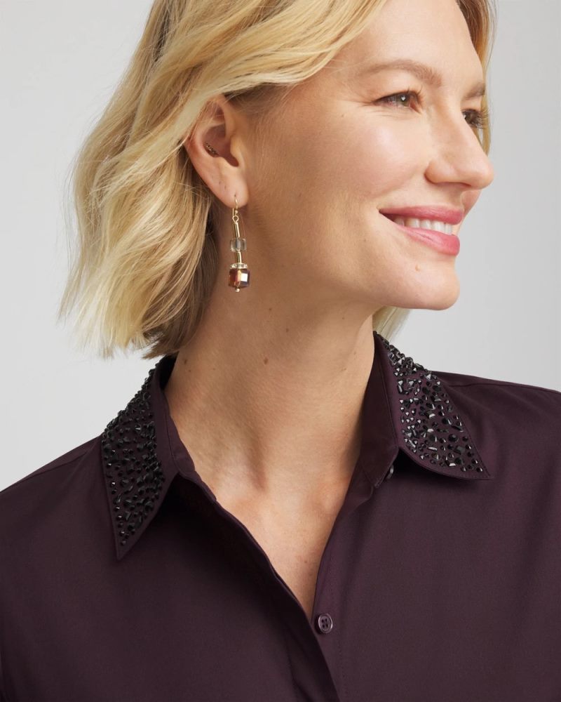 Chicos Sequin Collar Midi Shirtdress - NIGHT BLOOM