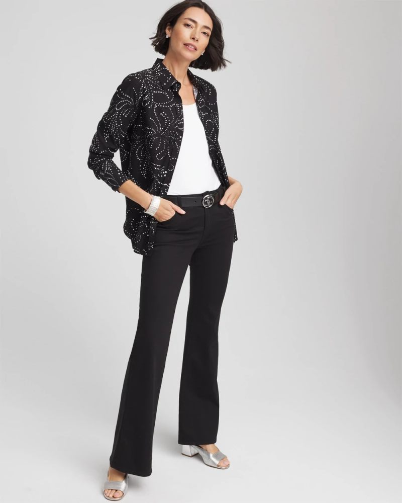 Chicos No Iron Findot Print Sateen Shirt - BLACK