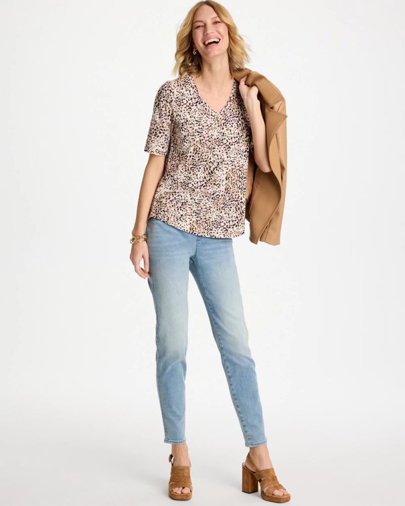 Chicos Printed Cotton Slub V-Neck Tee - CATTAIL BROWN