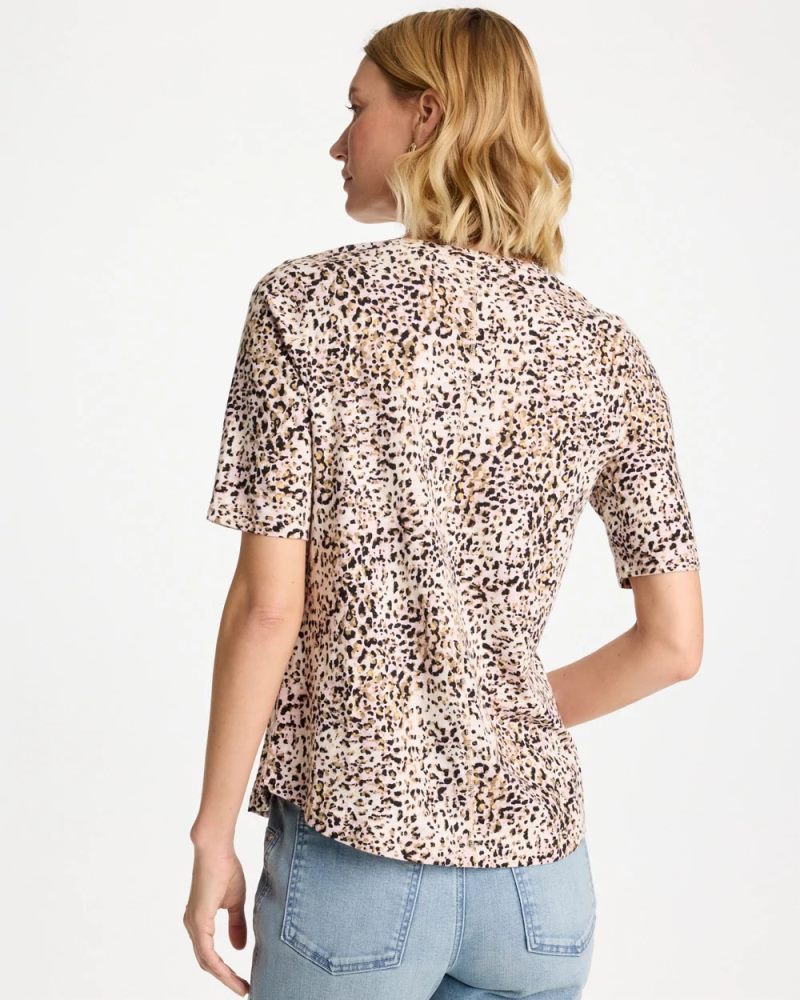 Chicos Printed Cotton Slub V-Neck Tee - CATTAIL BROWN
