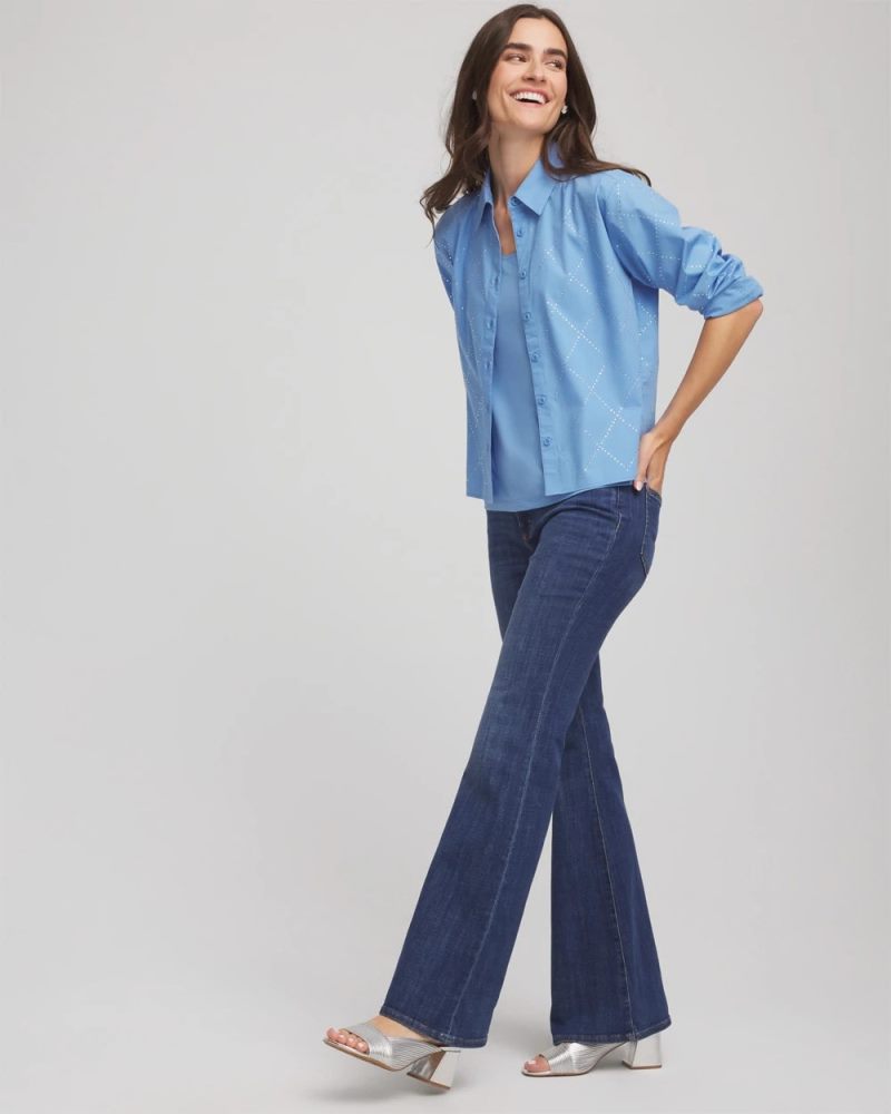 Chicos Embellished Stretch Cotton Collared Shirt - TIDAL BLUE