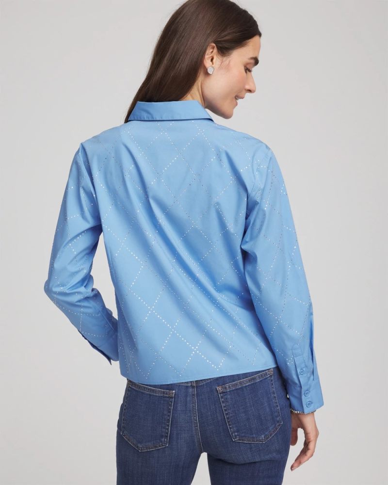 Chicos Embellished Stretch Cotton Collared Shirt - TIDAL BLUE