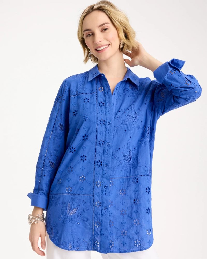 Chicos Embroidered Trapunto-Trim Tunic - AMPARO BLUE
