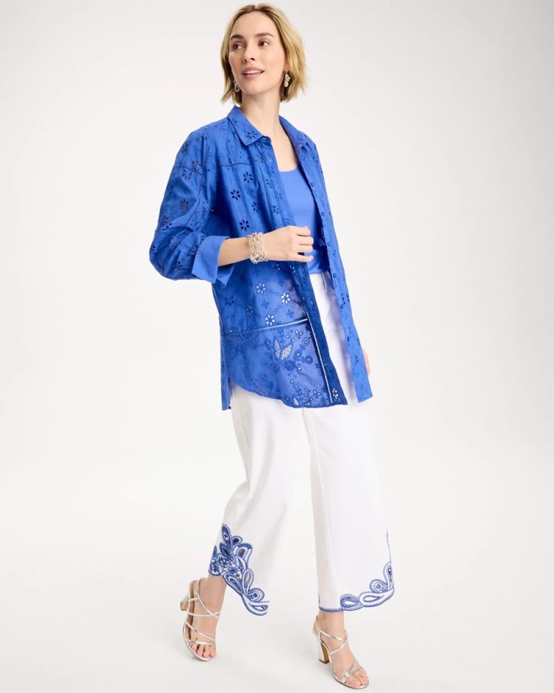 Chicos Embroidered Trapunto-Trim Tunic - AMPARO BLUE