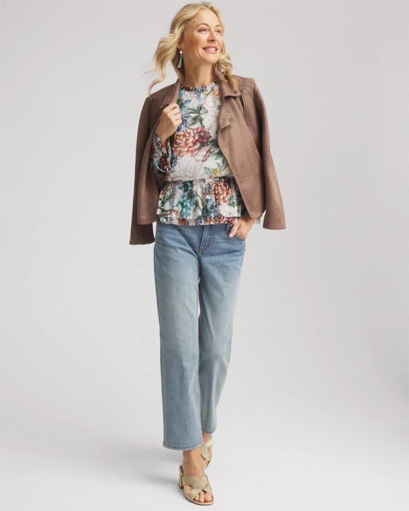 Chicos Rose Print Crinkle Top - ECRU