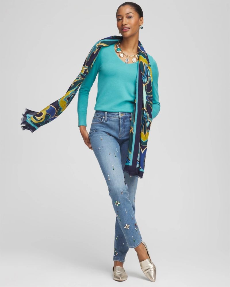 Chicos Caviar Trim V-Neck Pullover Sweater - ALPINE BLUE