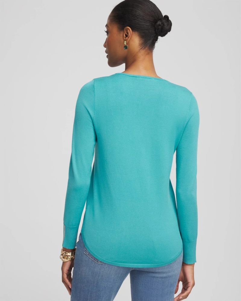 Chicos Caviar Trim V-Neck Pullover Sweater - ALPINE BLUE