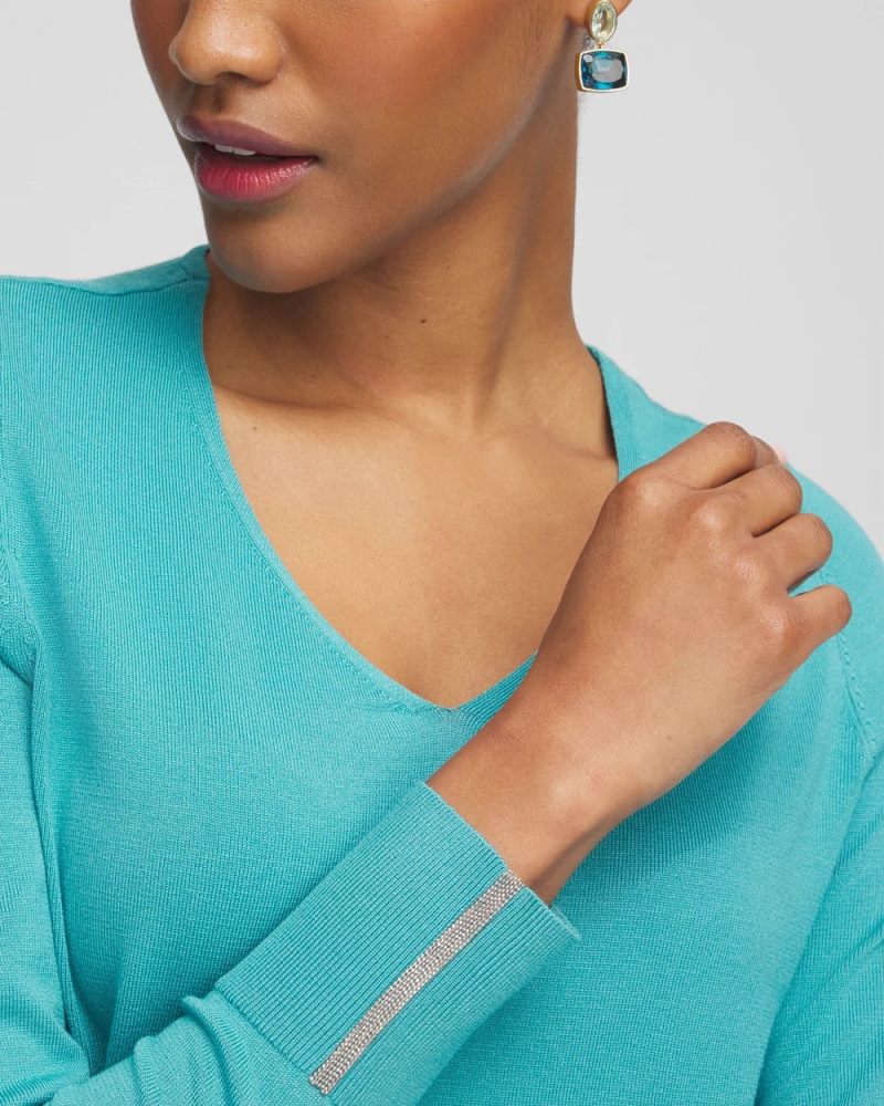 Chicos Caviar Trim V-Neck Pullover Sweater - ALPINE BLUE